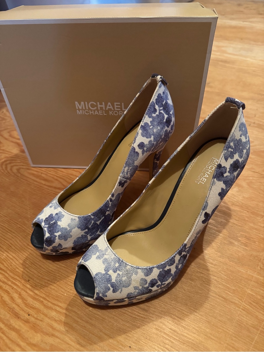 Michael Kors Blue and White Floral Peep-Toe Heels